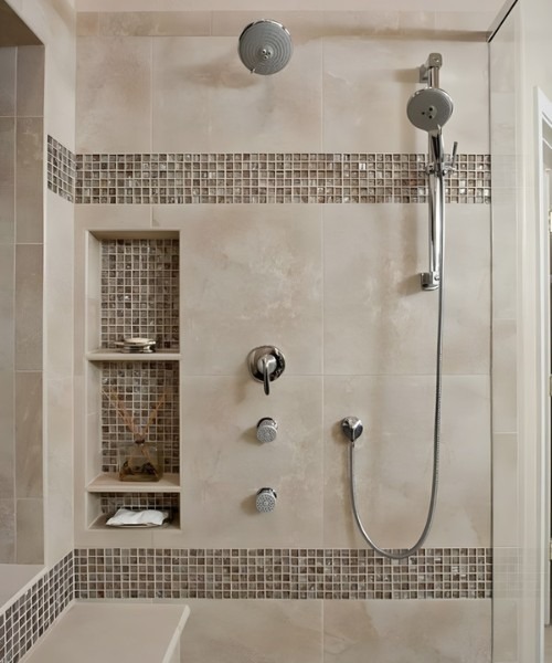 Beige tile shower with mosaic accents dual niches rainfall and handheld shower heads