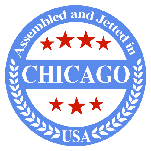 Blue badge with Chicago flag stars and text Assembled and Jetted in Chicago USA